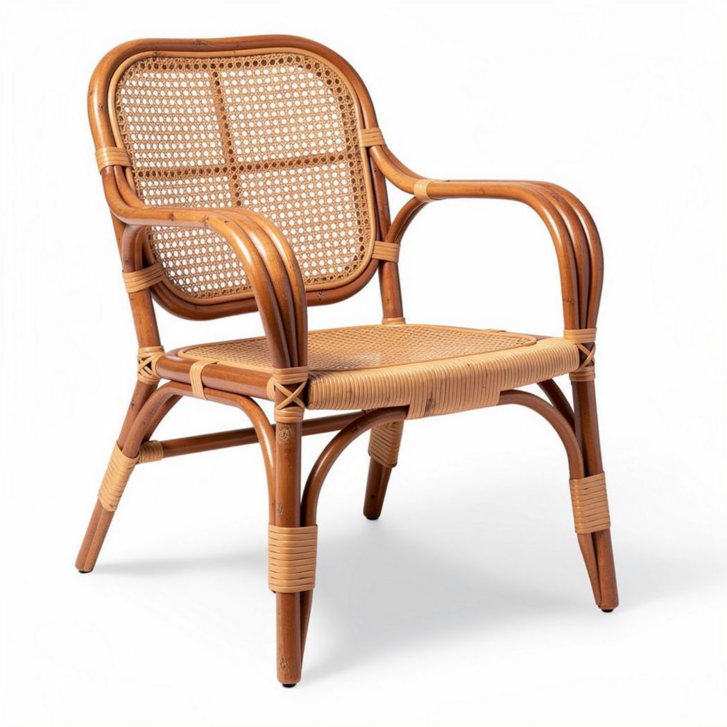 Rattan lounge chair with woven seat and backrest for indoor or outdoor use