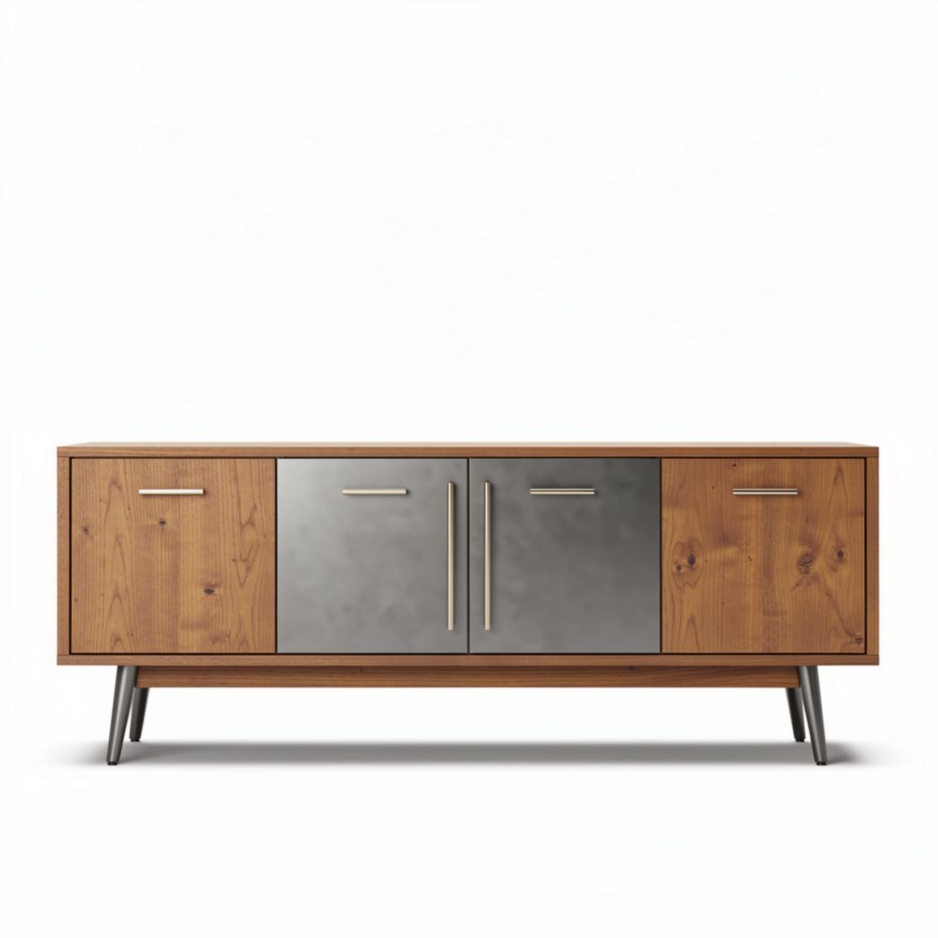 Wooden storage cabinet with stainless steel doors and mid-century design 150 x 40 x 50cm