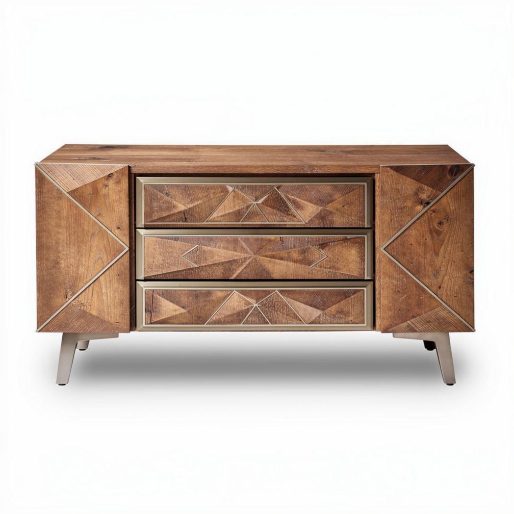 Wooden sideboard with geometric design and three drawers 120 x 40 x 75cm
