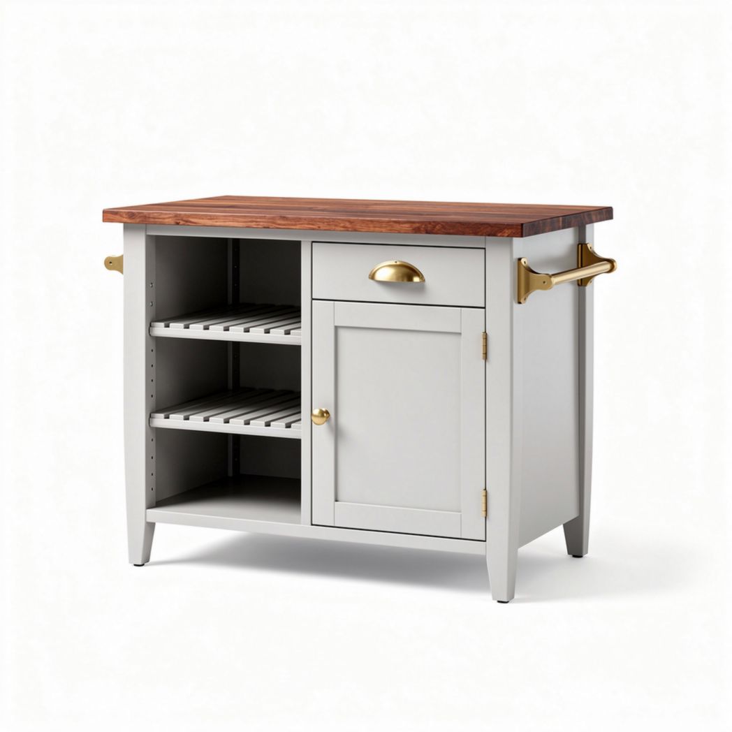 Kitchen island with solid wood top and storage shelves in light gray 80 x 50 x 85cm