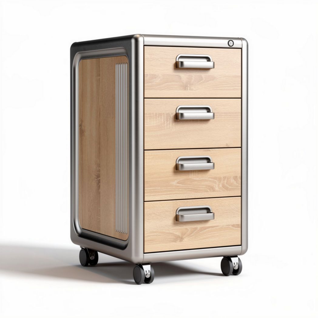 Wooden storage cabinet with four drawers and metal frame on wheels 45 x 40 x 60cm