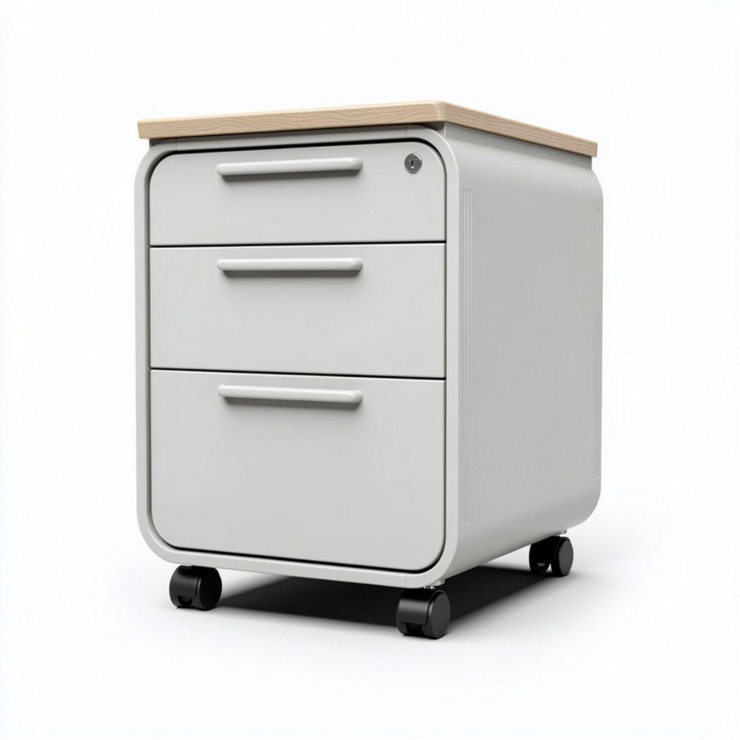 Mobile rolling file cabinet with three drawers grey finish and wood top 50 x 40 x 60cm