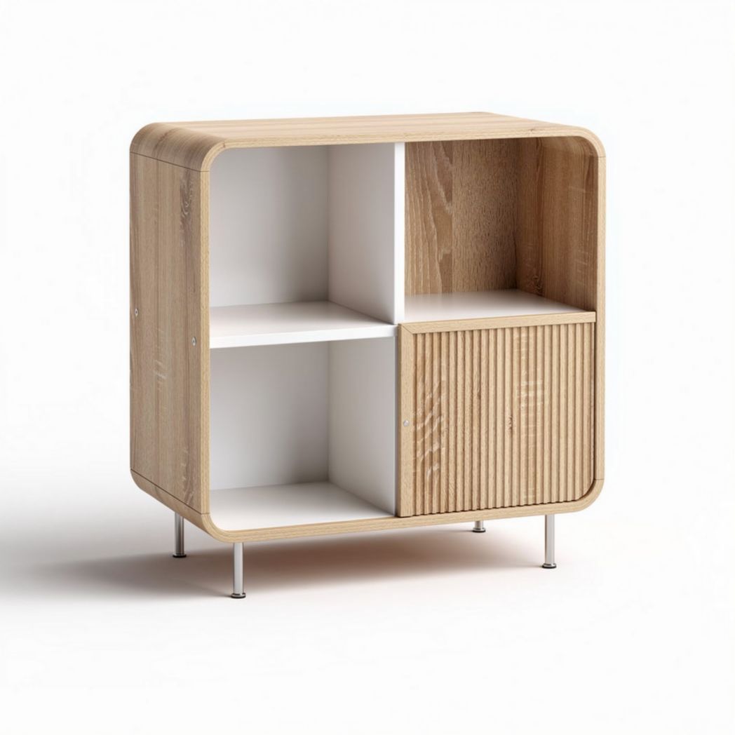 Wooden storage cabinet with four compartments and sliding door 80 x 40 x 80cm