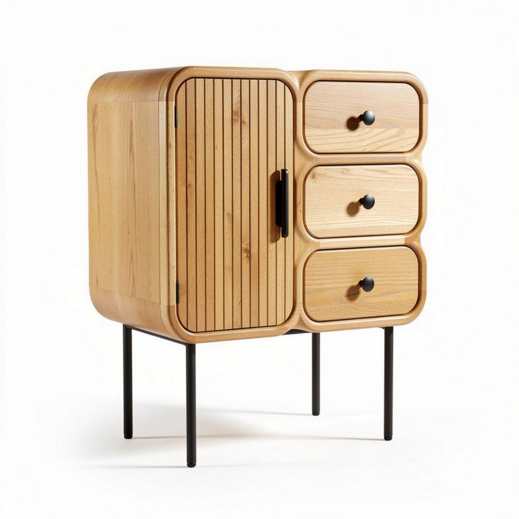 Natural wood storage cabinet with three drawers and single door 60 x 40 x 80cm