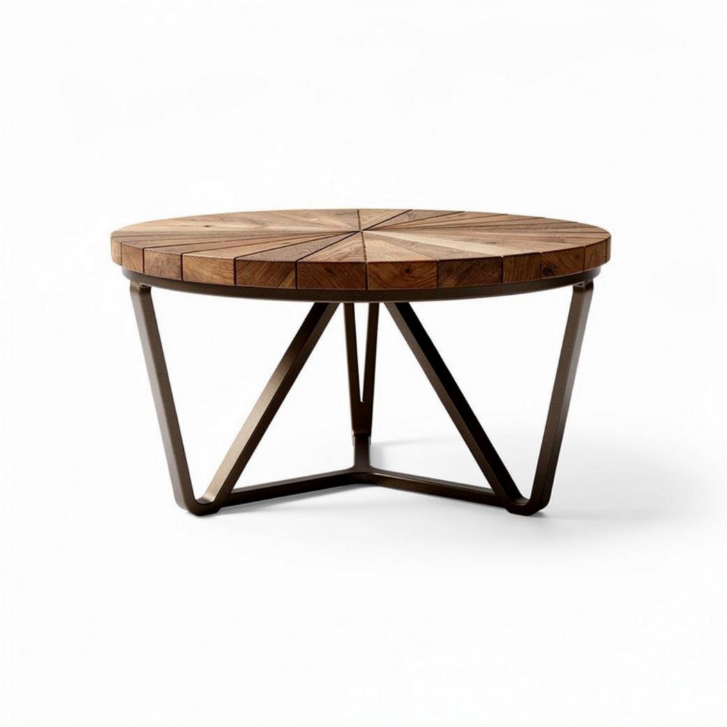 Round wooden coffee table with metal base 80 x 80 x 40cm for living room