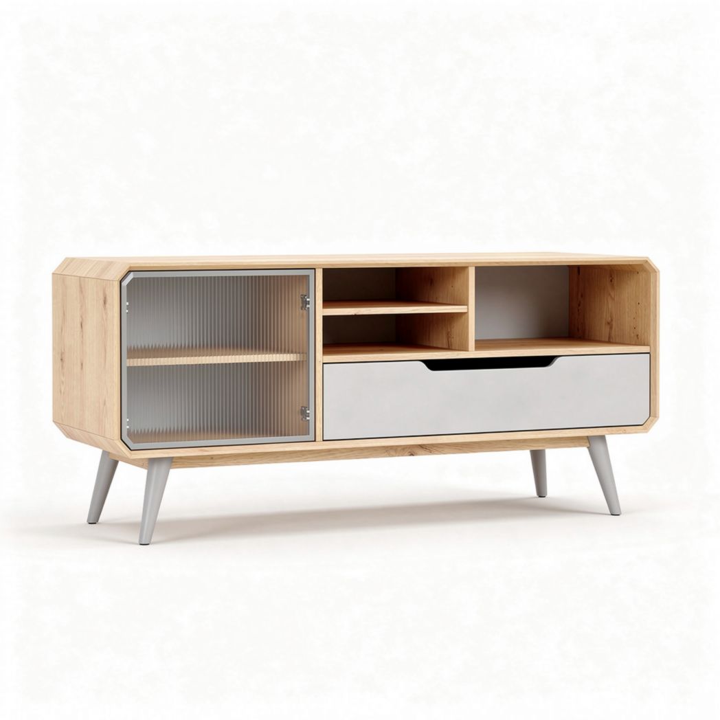 Wooden media console with glass doors and storage drawer 80 x 40 x 45cm